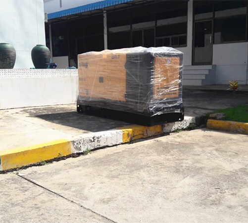 Packaged diesel generator for outdoor shipping, secured and ready for delivery