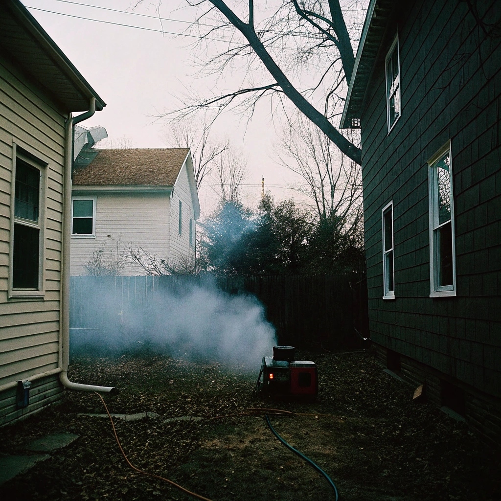 Portable diesel generator emitting smoke in a backyard, showcasing power supply in emergencies