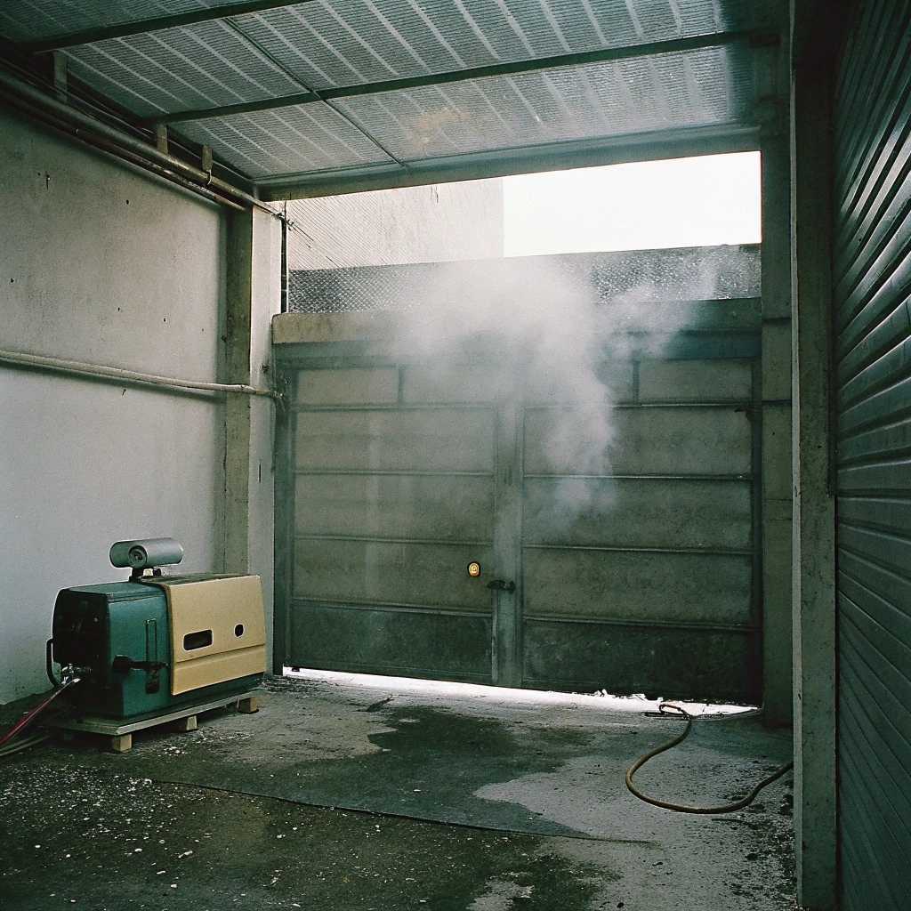 Industrial diesel generator operating in a garage, emitting smoke for backup power