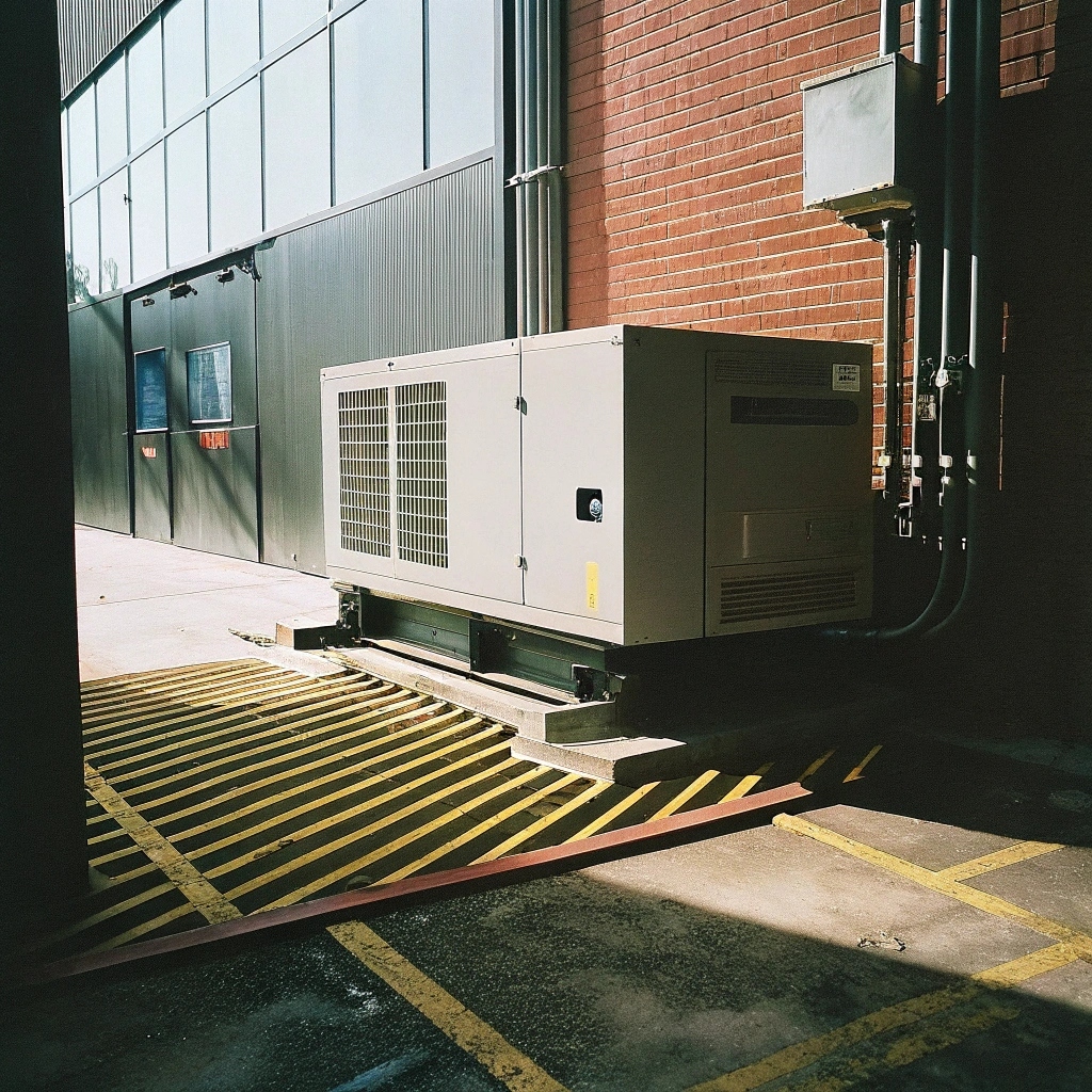 Outdoor diesel generator installed near a building, providing reliable power backup