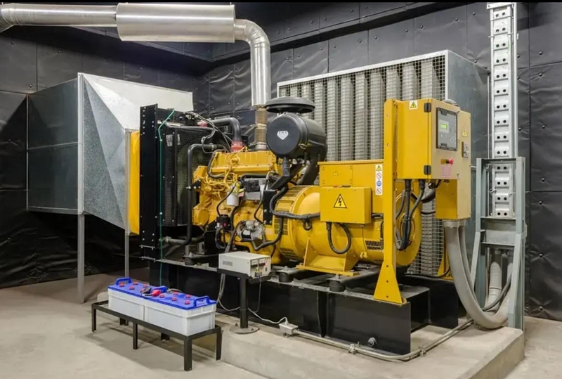 Backup diesel generator installed inside a ventilated and acoustically treated generator room