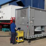 Diesel generator connected to a resistive load bank during performance testing