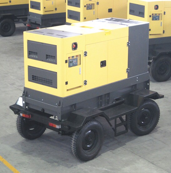 Mobile diesel generator on wheels with a yellow and black design