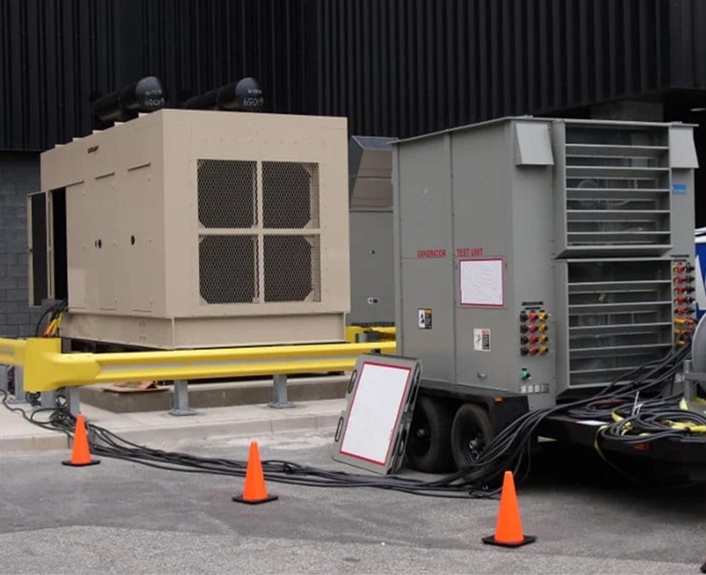 Diesel generator connected to load bank for periodic testing to prevent wet stacking