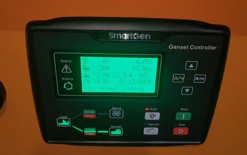 Diesel generator controller showing output voltage and frequency during testing