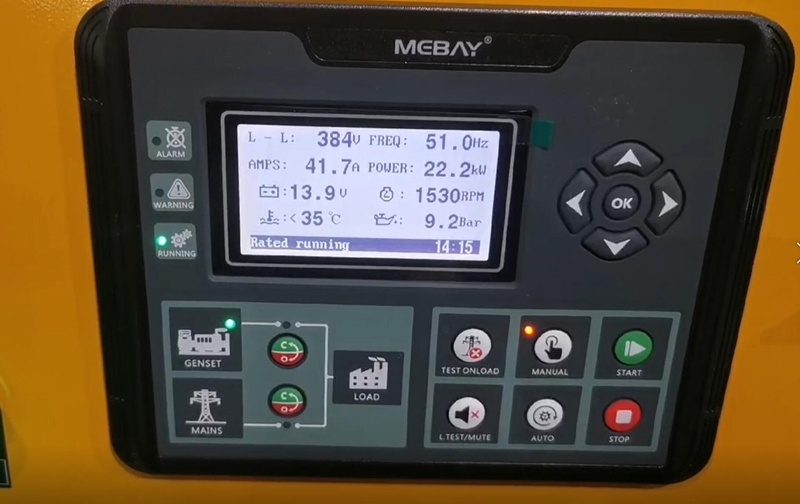 Diesel generator controller showing voltage and frequency during testing